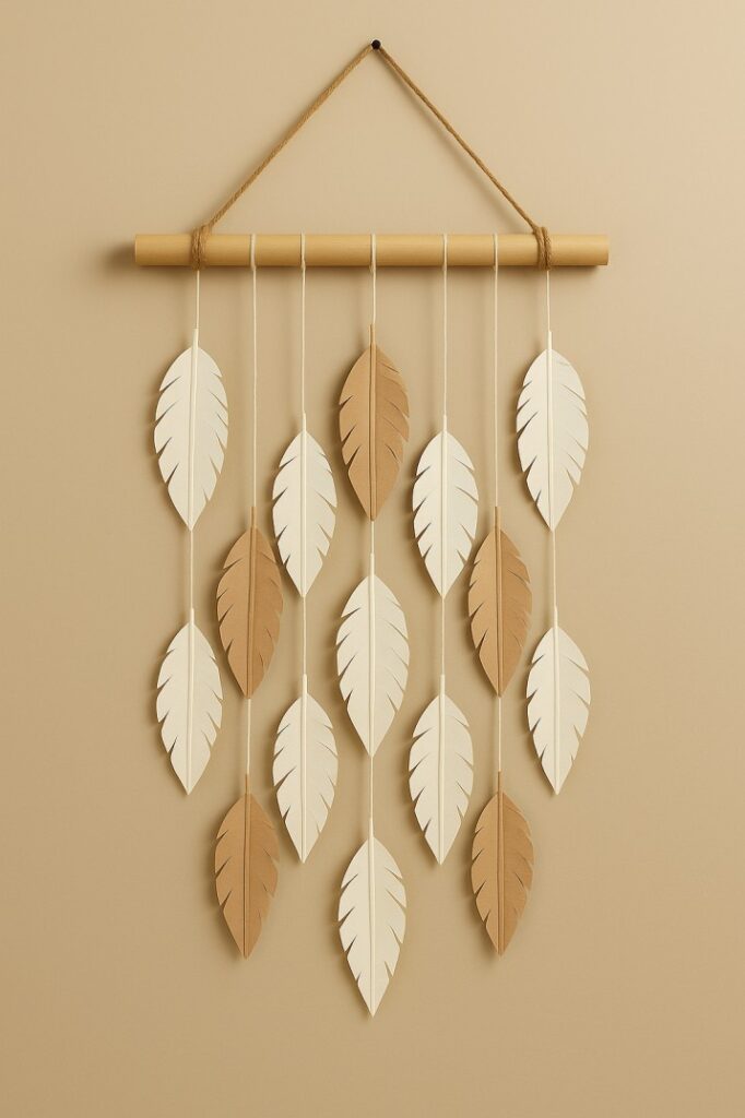 A boho-inspired paper wall hanging craft featuring layered paper feathers in beige and cream tones, suspended from a wooden rod.