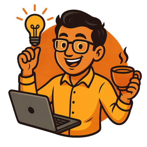 Site icon of Jugaadu Banda featuring a cheerful cartoon man holding a glowing light bulb, a laptop, and a cup of chai, symbolizing desi innovation and multi-niche blogging.