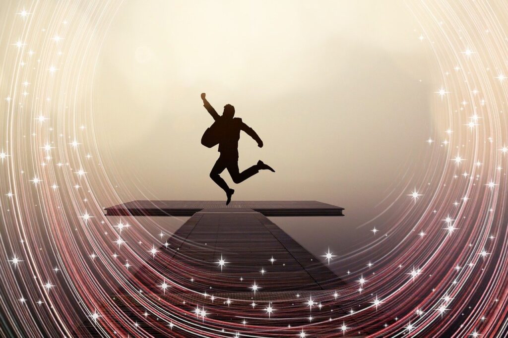A silhouette of a man jumping with joy on a dock, symbolizing success and confidence in choosing the right career after 12th.