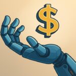 Robotic hand reaching towards a digital golden dollar symbol, representing how to make money with AI.