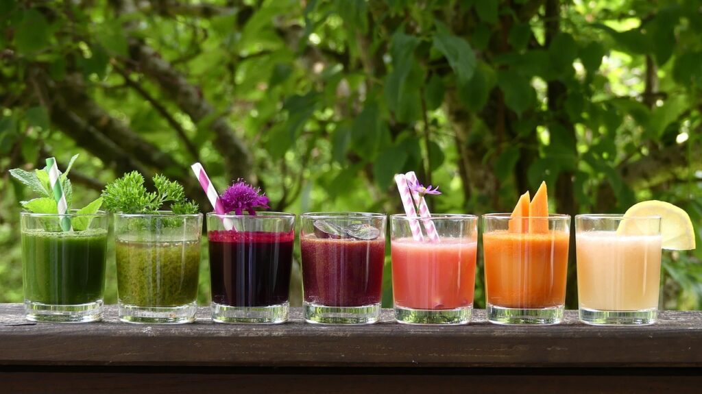 Seven colorful morning drinks with fruits, herbs, and vegetables to naturally boost immune system