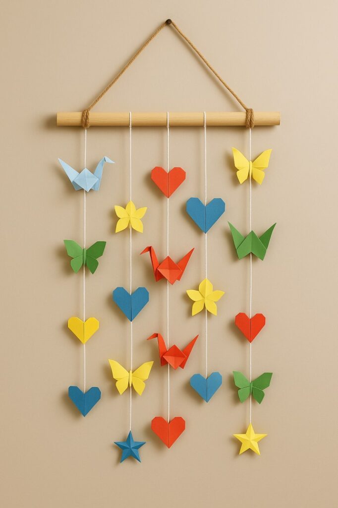 Handmade origami wall garland with colorful paper shapes like hearts, cranes, butterflies, and stars hanging on a wooden dowel