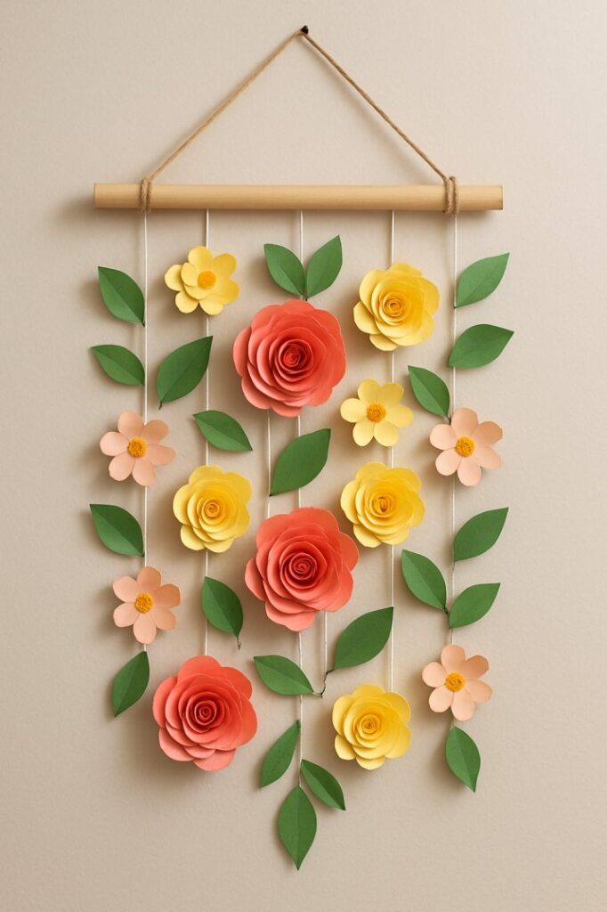 Handmade paper flower wall hanging with colorful roses and green leaves on strings