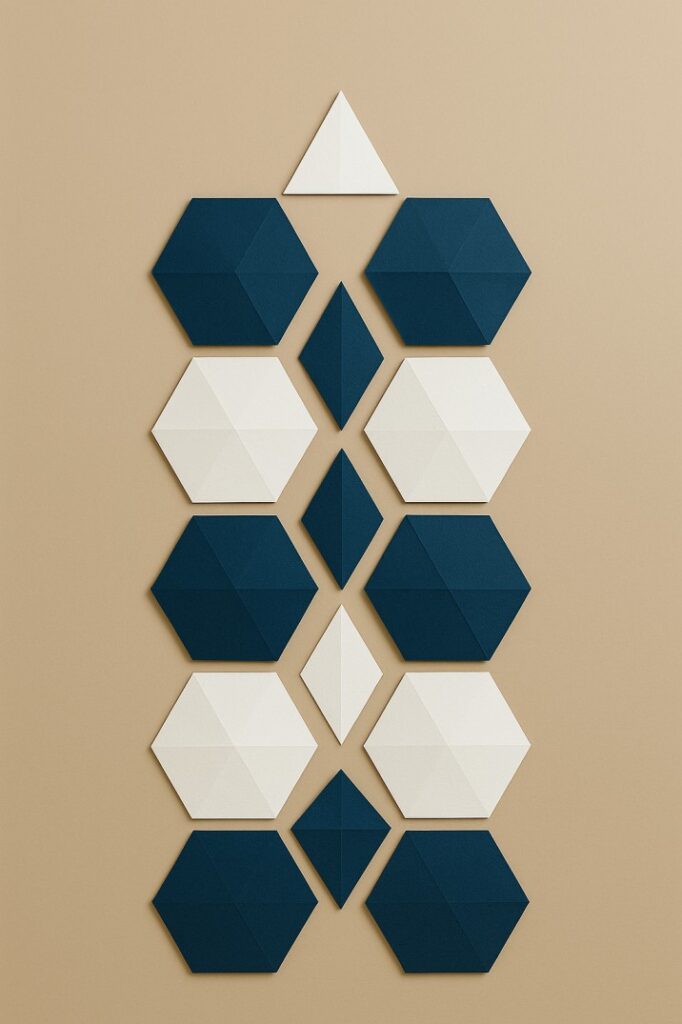 A paper wall hanging craft featuring geometric shapes in navy blue and white arranged on a beige wall