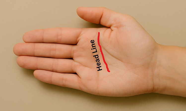 Open right palm showing the head line marked in red to explain what your palm lines say about you.