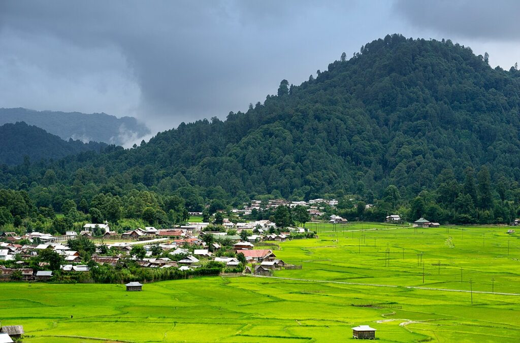 Ziro Valley in Arunachal Pradesh with green rice fields, village homes, and forested hills