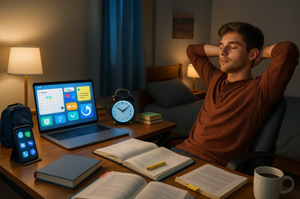 A realistic photo of a young male student studying at a dorm desk with textbooks, laptop, backpack, and notes, representing the best productivity apps for students to stay organized and focused.