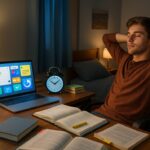 A realistic photo of a young male student studying at a dorm desk with textbooks, laptop, backpack, and notes, representing the best productivity apps for students to stay organized and focused.