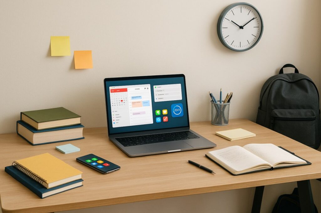 A realistic photo of a study desk with a laptop, smartphone, books, and stationery, representing the best productivity apps for students to stay organized, focused, and efficient in their studies.