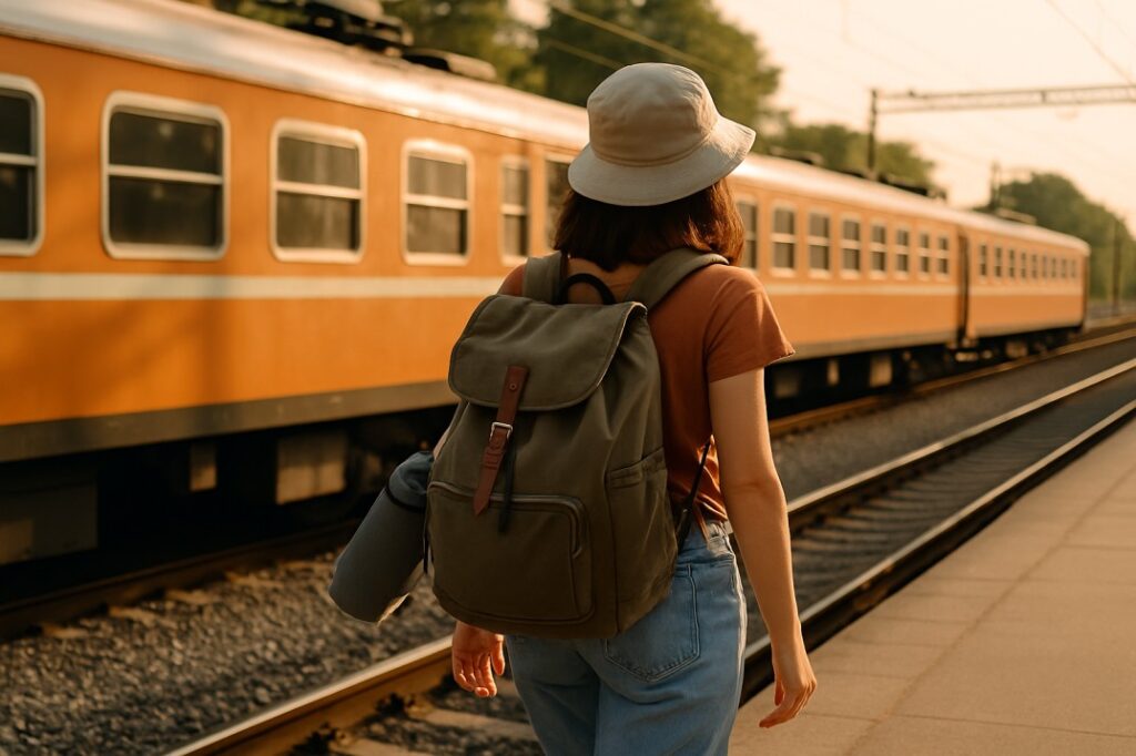 A realistic photograph of a young woman traveler with a backpack exploring scenic landscapes, representing the best ways to travel the world on a budget.