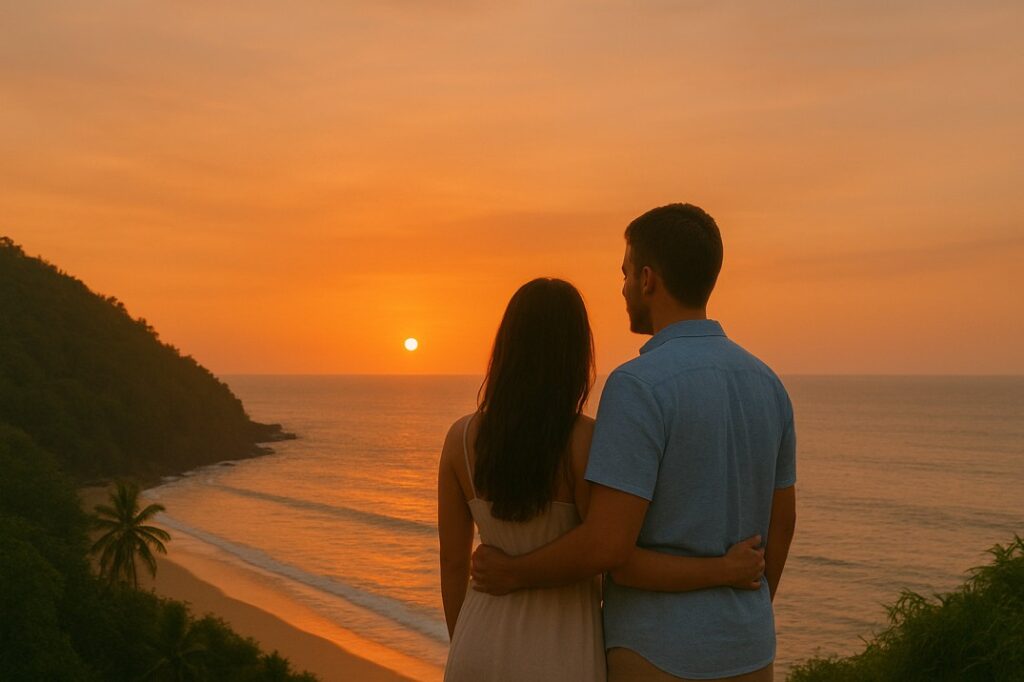 A scenic sunset view over the ocean at a cliffside beach, representing budget-friendly honeymoon destinations with a romantic and peaceful atmosphere.