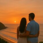 A scenic sunset view over the ocean at a cliffside beach, representing budget-friendly honeymoon destinations with a romantic and peaceful atmosphere.