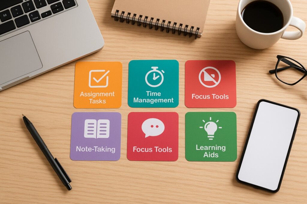 A realistic photo of a student’s organized desk setup with a laptop, notebooks, smartphone, and study materials, representing different categories of productivity apps for students to stay focused and efficient.