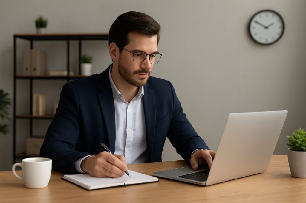 Daily routine of a successful person working with focus and productivity in a modern office.