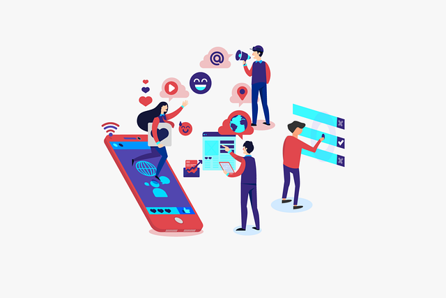 Illustration showing steps on how to start a career in digital marketing through mobile, social media, and analytics tools