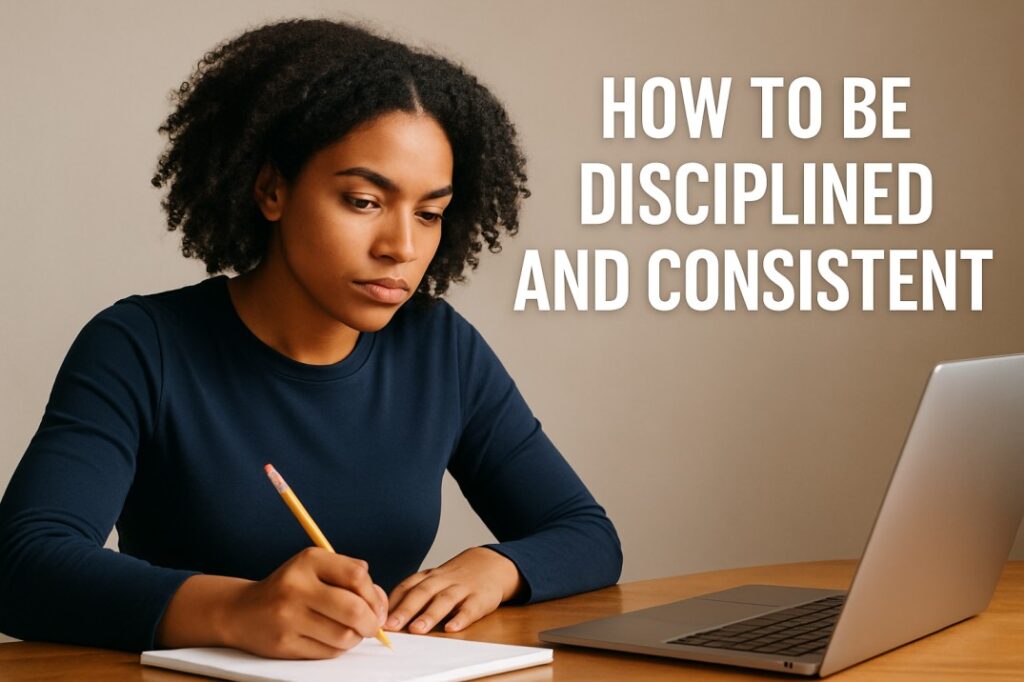 A focused woman writing notes while working on her laptop, symbolizing how to be disciplined and consistent in daily life.