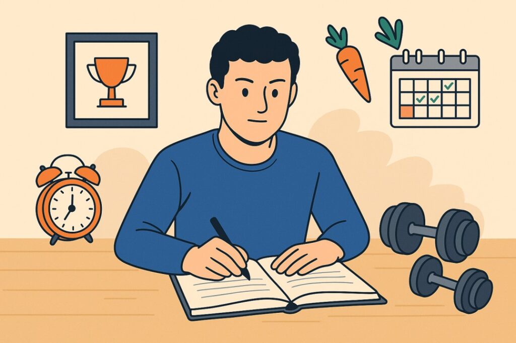 An illustration of a man writing in a notebook with a clock, calendar, and dumbbells around him, representing a step-by-step guide on how to be disciplined and consistent.