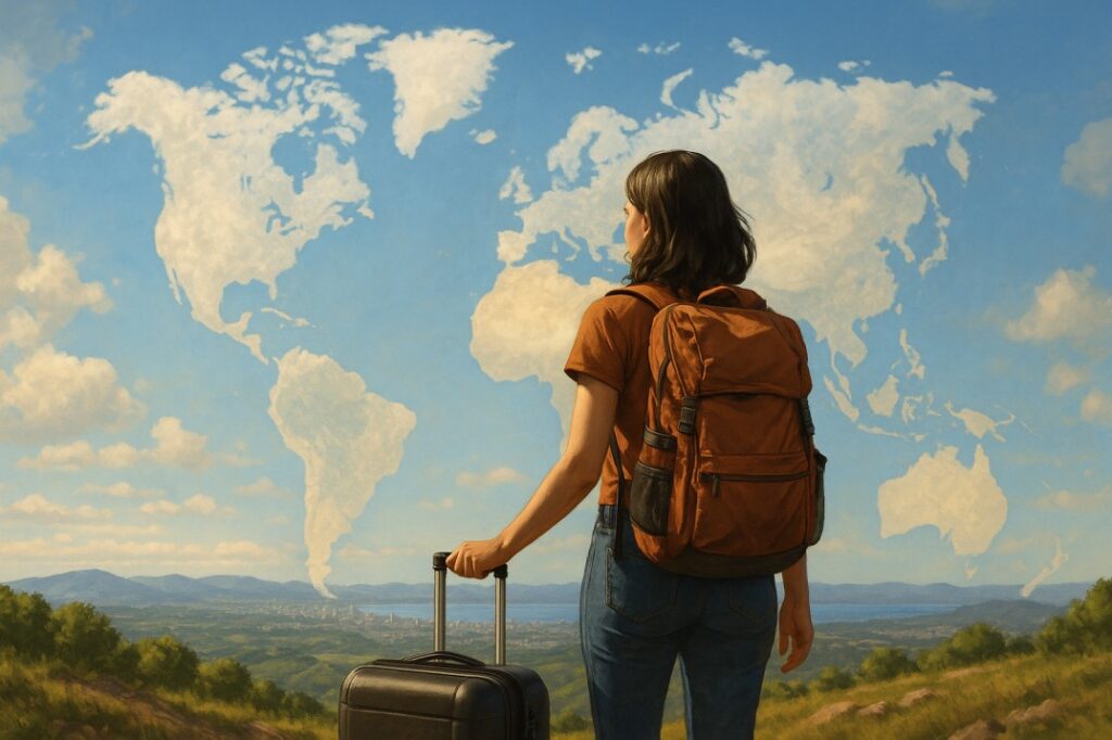 A realistic illustration of a young traveler with a backpack standing on a mountain peak, symbolizing how to travel the world with smart tips for first-time explorers.