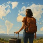 A realistic illustration of a young traveler with a backpack standing on a mountain peak, symbolizing how to travel the world with smart tips for first-time explorers.