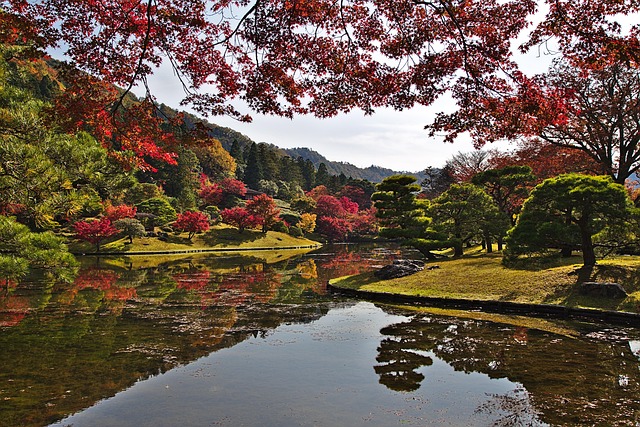Scenic view of a traditional Japanese garden with autumn foliage, tranquil water, and manicured trees – one of the most beautiful places in the world