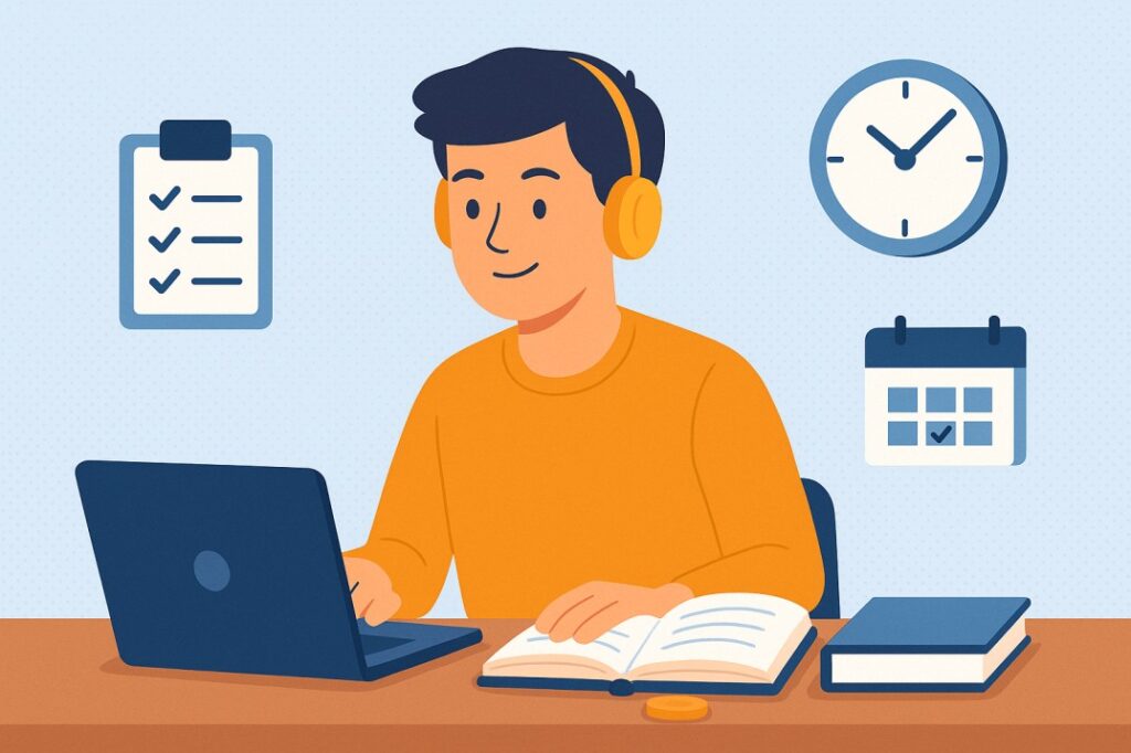 An illustration of a college student working on a laptop with books, calendar, and checklist icons, showing tips to balance study and side hustle for college students.