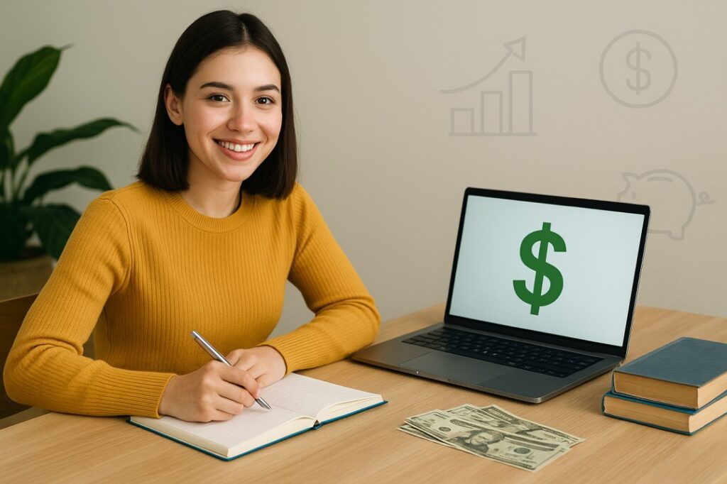 A college student studying with a laptop showing a dollar sign and cash on the table, representing side hustles for college students to earn money while studying.