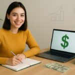 A college student studying with a laptop showing a dollar sign and cash on the table, representing side hustles for college students to earn money while studying.