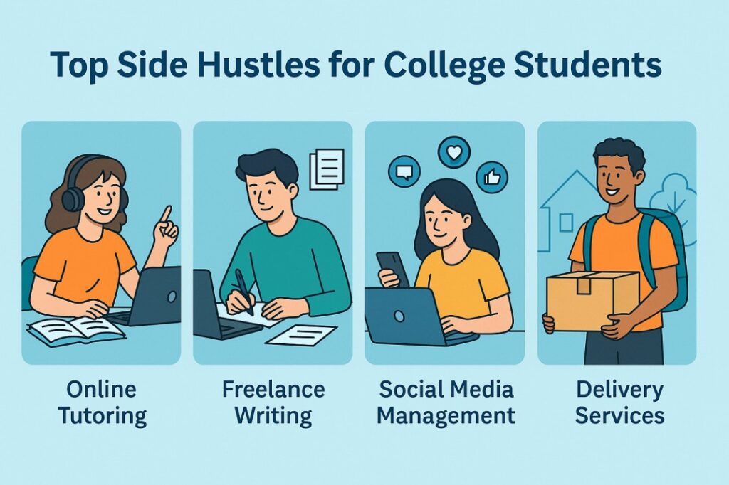 An infographic illustration showing top side hustles for college students, including online tutoring, freelance writing, social media management, and delivery services.