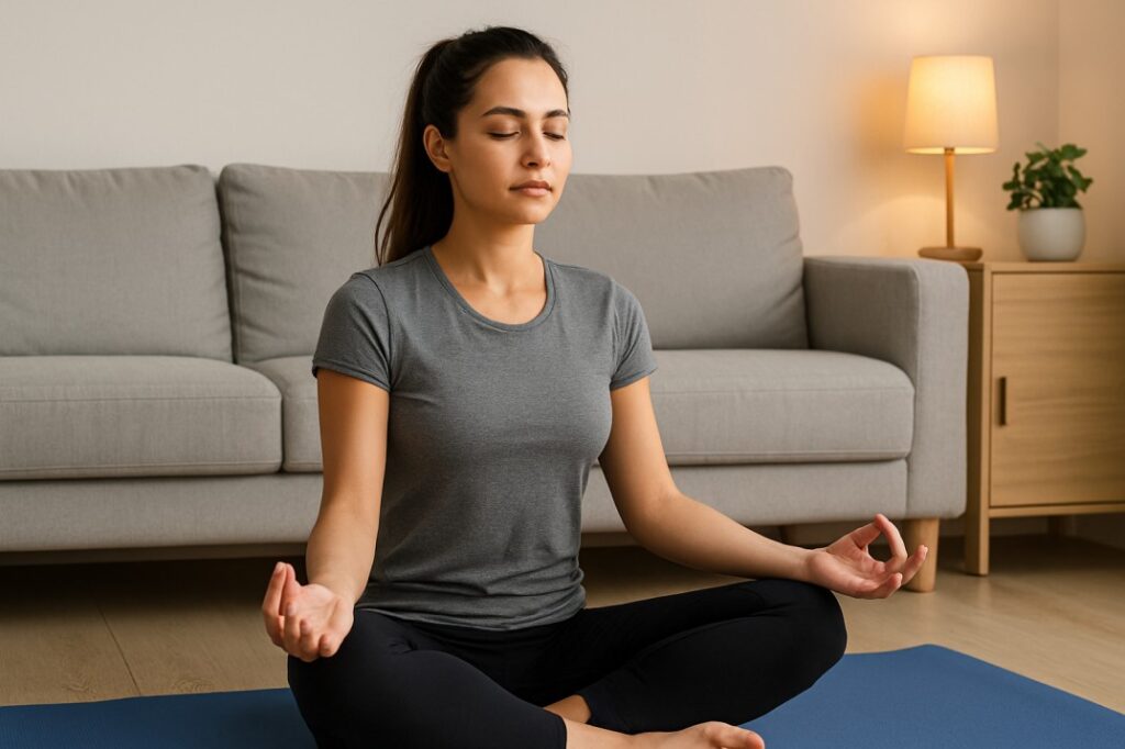 A young woman practicing yoga meditation at home, symbolizing why discipline and consistency matter for achieving balance, focus, and long-term personal growth.
