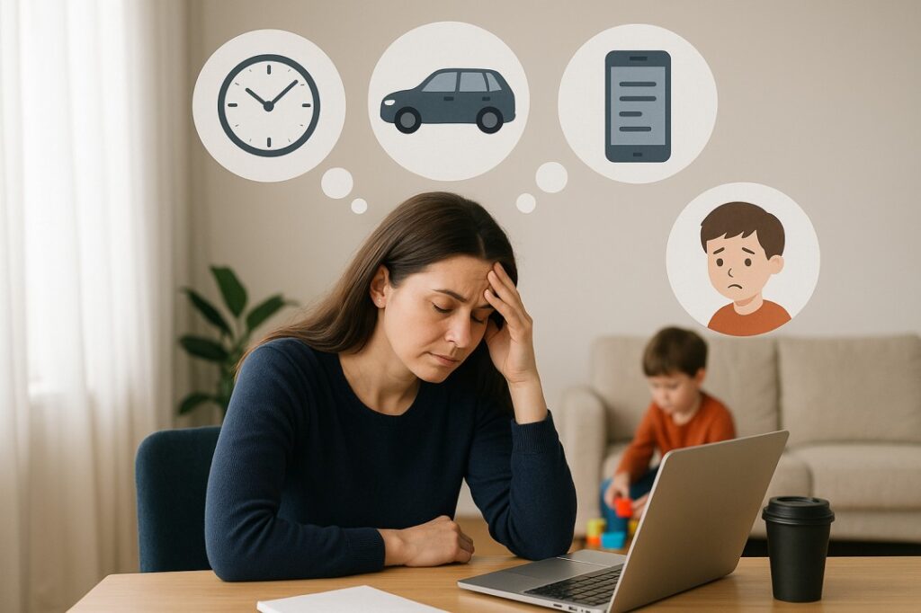 Stressed mother working on a laptop while her child plays in the background, representing common challenges in balancing work and family.