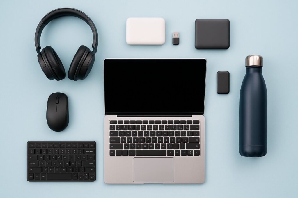 A flat lay of essential tech gadgets every digital nomad needs, including a laptop, wireless headphones, portable power bank, external hard drive, ergonomic mouse, keyboard, and water bottle arranged neatly on a blue background.