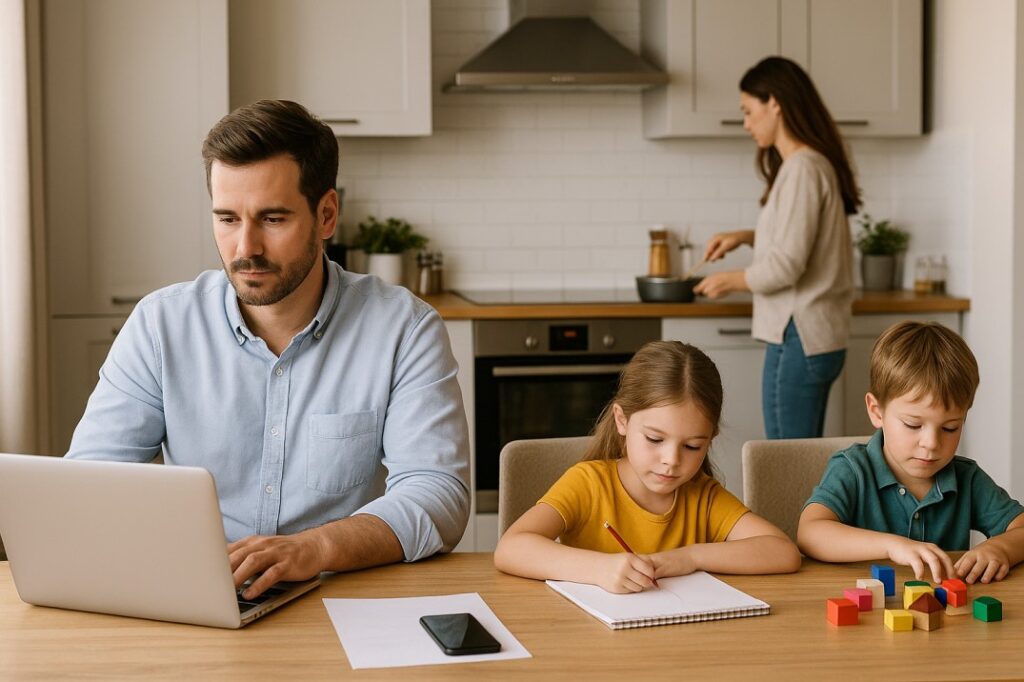 Realistic photo of a father working on a laptop while children play and mother cooks, showing how to balance work and family.