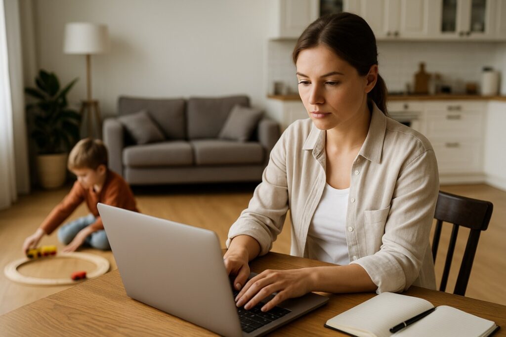 Realistic photo of a mother working on a laptop while her child plays nearby, showing how to balance work and family.
