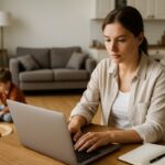 Realistic photo of a mother working on a laptop while her child plays nearby, showing how to balance work and family.