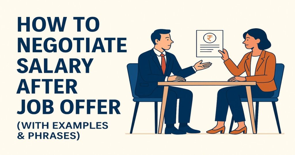 Illustration of professionals discussing how to negotiate salary after job offer with examples and phrases in a meeting setting.