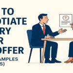 Illustration of professionals discussing how to negotiate salary after job offer with examples and phrases in a meeting setting.