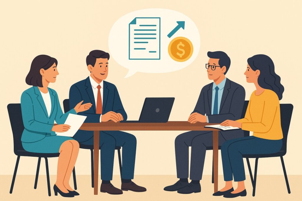 Professional team in office discussing how to negotiate salary after job offer with step-by-step approach in a meeting.