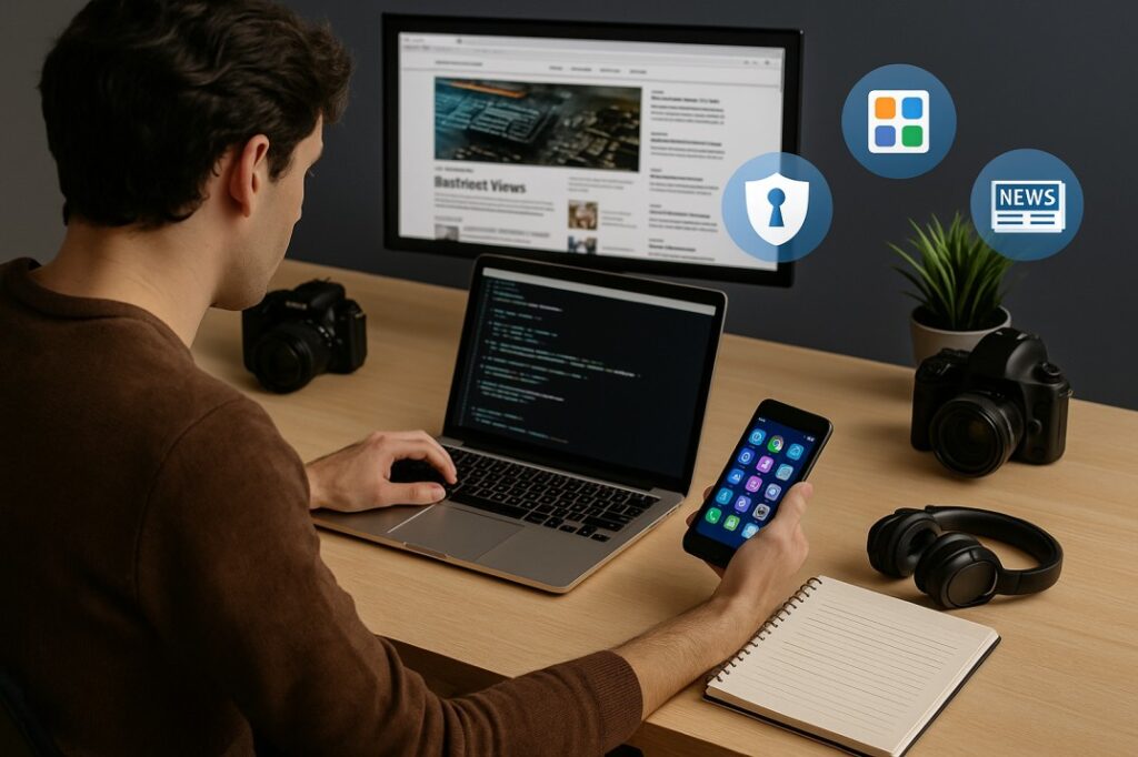 A realistic photo of a blogger working at a modern desk surrounded by gadgets, coding screens, app icons, cybersecurity visuals, news feeds, and notes, symbolizing how to start a tech blog by choosing your niche such as gadget reviews, software, coding, cybersecurity, news, and how-to guides.