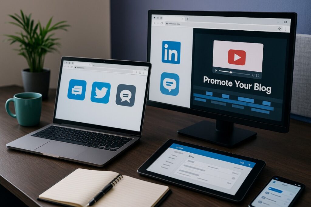 A modern workspace setup with multiple screens showing LinkedIn, Twitter, tech forums, YouTube dashboard, and email newsletters, visually representing how to start a tech blog and promote it effectively.