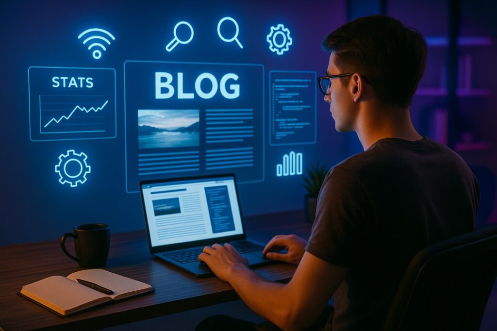 A realistic photo of a young blogger working on a modern desk with multiple screens displaying blog analytics, articles, and creative elements, illustrating how to start a tech blog with tips, tricks, and proven strategies.