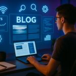 A realistic photo of a young blogger working on a modern desk with multiple screens displaying blog analytics, articles, and creative elements, illustrating how to start a tech blog with tips, tricks, and proven strategies.