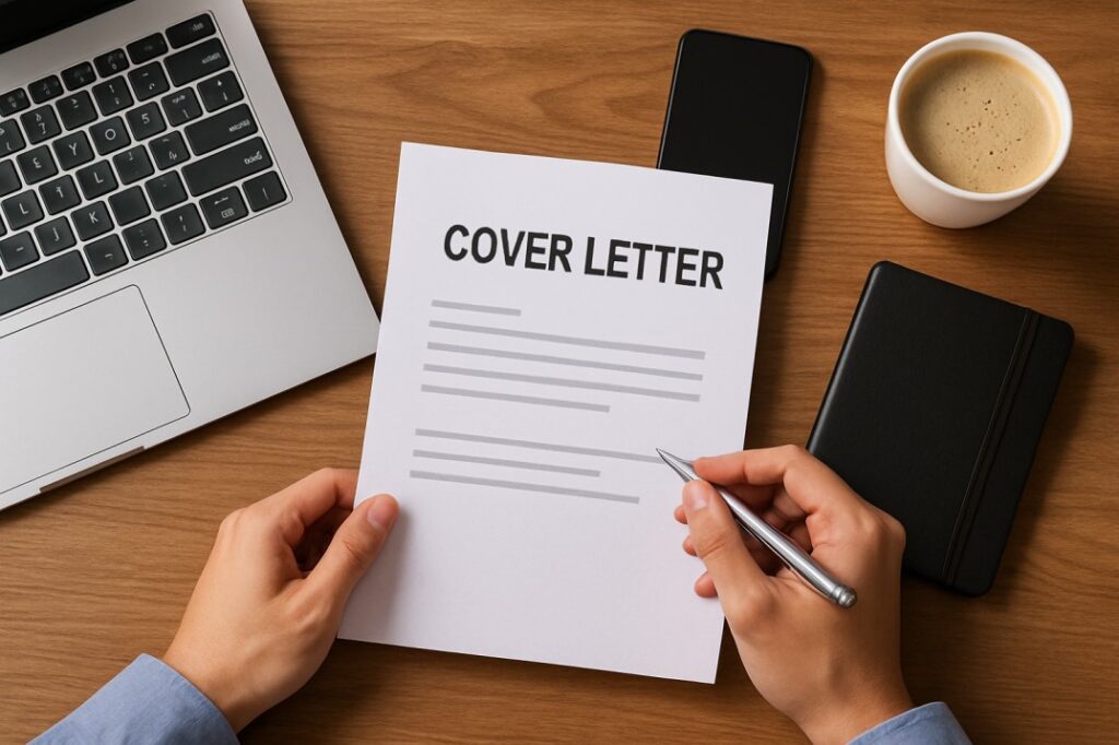 A modern workspace with a laptop, notebook, and documents arranged neatly, symbolizing how to write a cover letter with no experience and create a professional application.