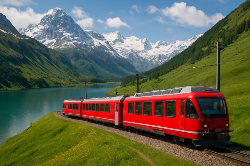 Most scenic train rides in the world showing a red passenger train passing through lush green valleys, alpine lakes, and snow-covered mountains – an epic rail adventure.