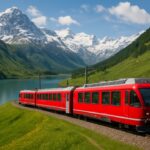 Most scenic train rides in the world showing a red passenger train passing through lush green valleys, alpine lakes, and snow-covered mountains – an epic rail adventure.