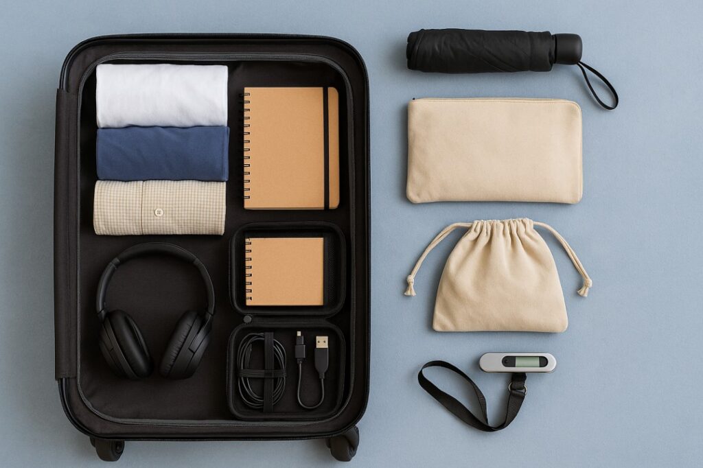 An open suitcase neatly packed with clothes, headphones, cables, notebooks, and travel essentials, illustrating practical packing tips for digital nomads.