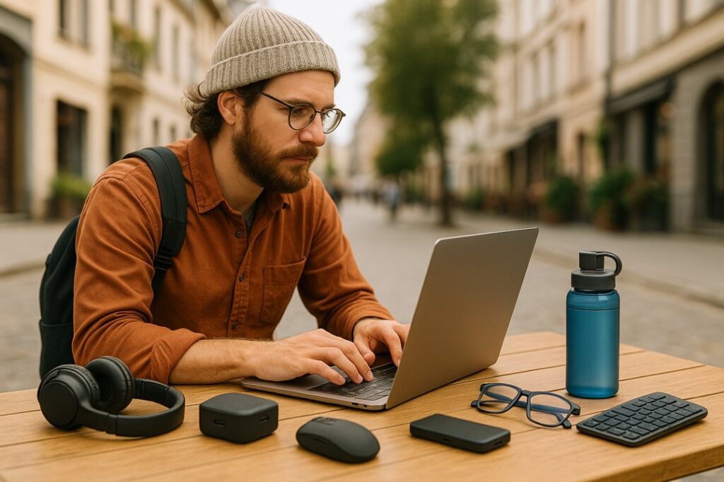 A digital nomad working outdoors on a laptop surrounded by essential tech gadgets every digital nomad needs, including headphones, portable power bank, wireless keyboard, and water bottle.