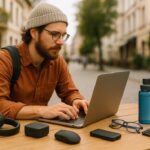 A digital nomad working outdoors on a laptop surrounded by essential tech gadgets every digital nomad needs, including headphones, portable power bank, wireless keyboard, and water bottle.