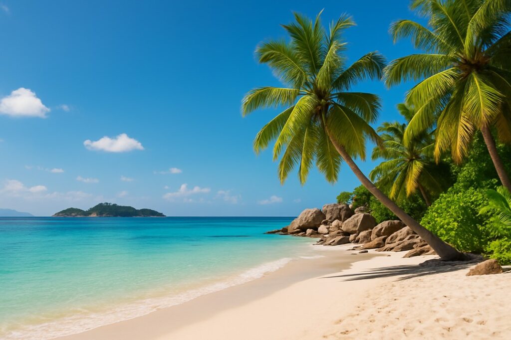 A tropical island beach with turquoise waters, palm trees, and white sand, representing one of the top tropical islands to visit for a paradise bucket list experience.