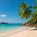 A tropical island beach with turquoise waters, palm trees, and white sand, representing one of the top tropical islands to visit for a paradise bucket list experience.